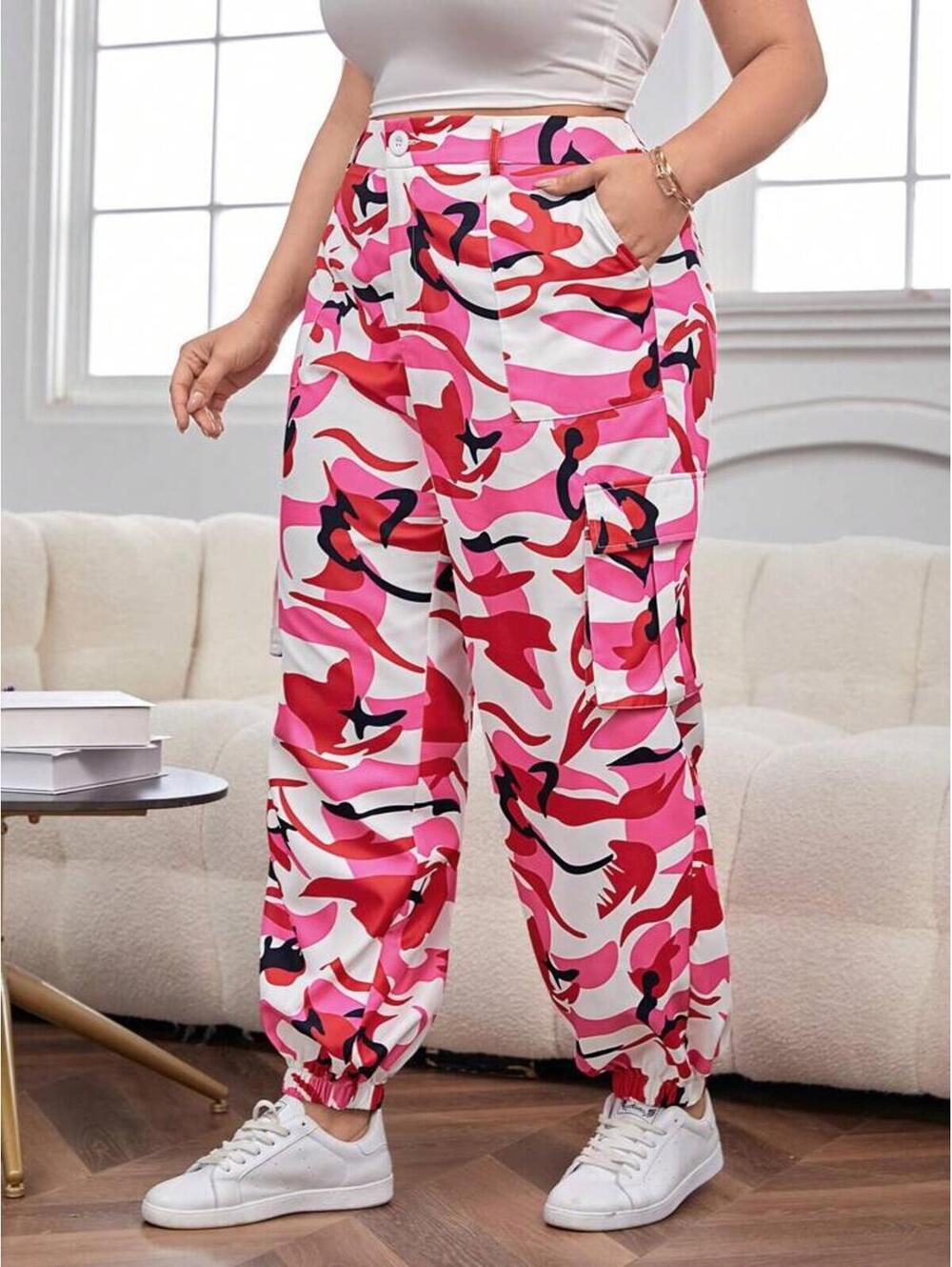 SHEIN EZwear Plus Camo Print Flap Pocket Side Cargo Pants 2XL